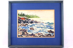 Vintage Coastal Scene With Rocks Ocean Watercolor Painting Signed Nancy M Kirk