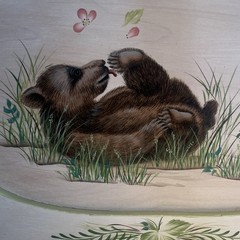 Hand-Painted Oval Wood wall Board 14.5” Bear Cub & Floral, Hanging Hole