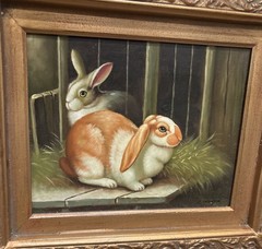 PRESTIGE ARTS Vintage 1990’s Signed Rabbits Oil Painting Ornate Frame C. SWANSON