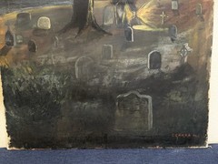 Vintage 1940 Moonlit Eerie Gothic Graveyard Oil Painting Signed “C. Carra“