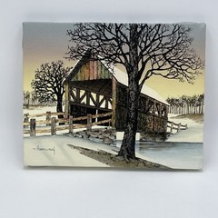 T Hamilton Signed Hand Painted Serigraph 8×10″ On Canvas Covered Bridge Trees
