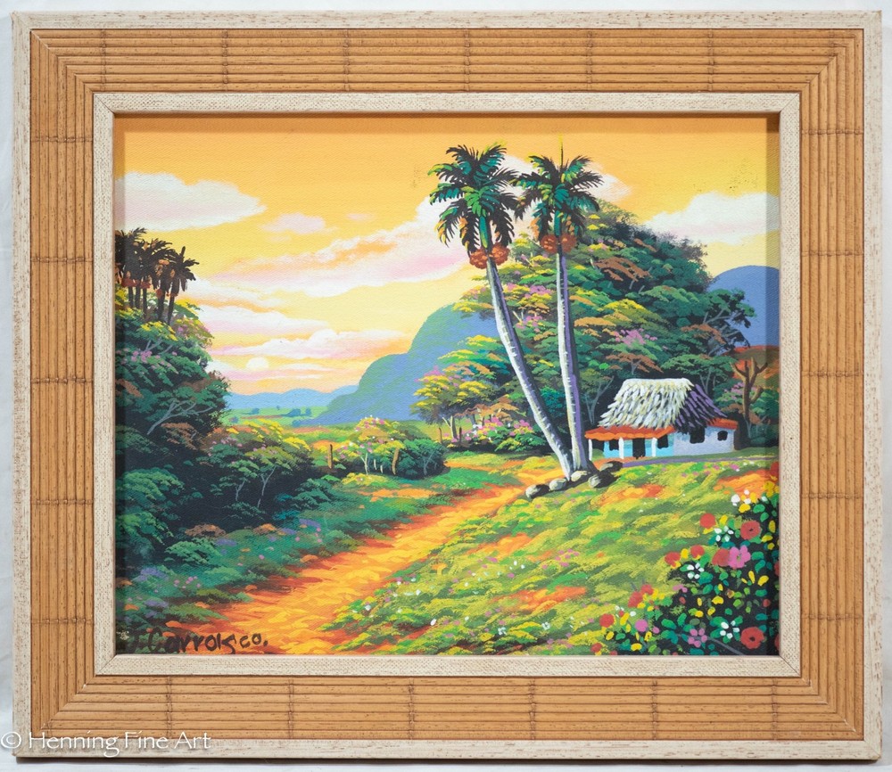 J Carrols Oil Painting Tropical Island Landscape at Sunset Colorful 12.25×14.25″
