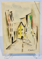 R. Burnett Original Signed Modern Abstract Parisian Scene Watercolor Painting