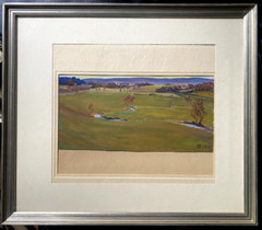 Oil Painting Monogram H.B 1948 Framed Antique Wide View of Countryside Meadows