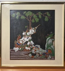 Vintage Thai Silk Screen Art Painting On Fabric Ramakien Thai Version Ramayana