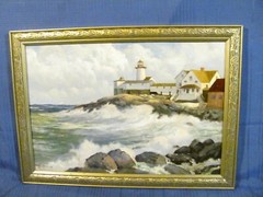 Chester Van Nortwick (1881-1944) Oil Painting Eastern Lighthouse Gloucester, MA