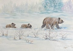 Framed Oil Painting “The Bear & Cubs” 12” x 16” 3 Bears/Winter/Pastels/Nature