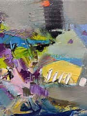 Abstract oil painting 8″x8″ Contemporary art, Angel, Gray, Blue, Yellow, Impasto