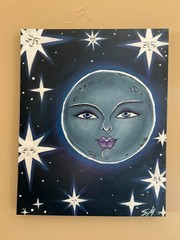 Original acrylic Folk painting on canvas signed 8 x 10 Full Moon and Stars