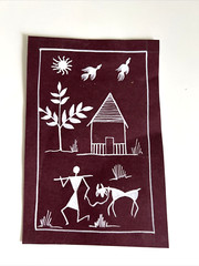Warli Village Scene Art Painting 4×6 Red White Bird Man Goat House India Tribal