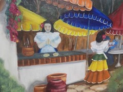 Mid-Century Mexican Market Scene Oil Painting by Margaret Rangel (San Diego)