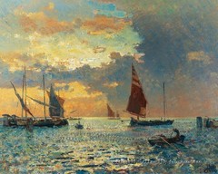 Fishing boats in the lagoon Seascape oil painting Printed on Canvas P2103