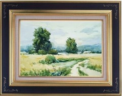 Watercolor painting. Landscape with field and trees.