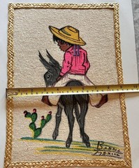 Vintage 2 Mexican Folk Art Burlap Signed Paintings Children Donkey Cactus 12×10
