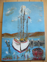 M. ZERLAUT, VINTAGE OIL PAINTING, BOATS BOAT HARBOR MODERN IMPRESSIONIST IMPASTO