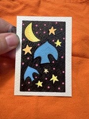 ACEO Original acrylic painting of birds in night sky by Amber Star 2.5×3.5