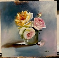 Original Oil Painting Pink Roses with Golden Bloom Signed 12×12 Floral Wall Art