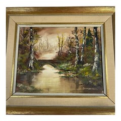 Impressionist landscape Autumn river scene Istvan Prorubszky Framed 13.25×11.25