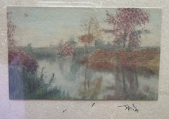 Antique Landscape Print Dark Wood Frame Signed 5.5”x7.5” READ