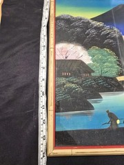 2 Vintage Chinese Waterfall Mountain Paintings on Silk Glass Bamboo Wood Frames