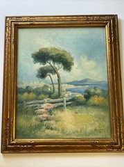 Antique Landscape Painting Beach City Town Coastal Impressionism Sherwood Signed