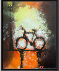 Foggy Abstract Acrylic 11×14 Bicycle Bike Lamppost Night Wall Art Signed MCR