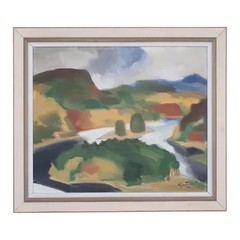 Ivar Hjertqvist Vintage Swedish Mid Century Oil Painting Abstract Landscape Art