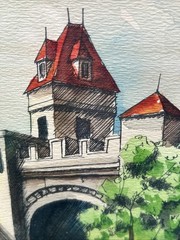 Vintage Quebec City, Porte St. Louis, Watercolor, signed, framed and matted.