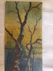 Vintage uniquely shaped 4-1/4″ × 14″ Barren, Twisted Winter Trees Oil Painting