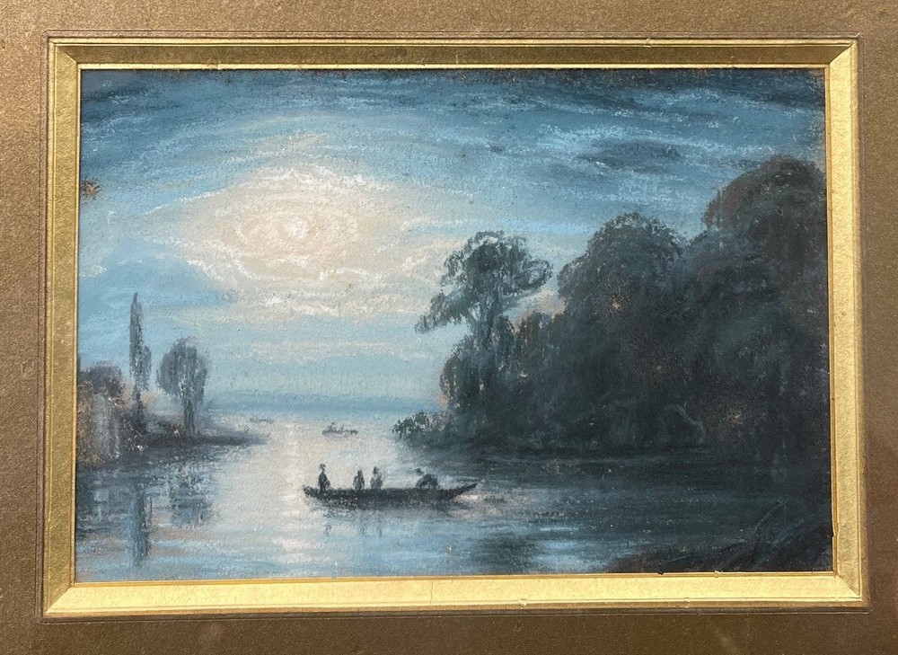 Painting Early 20th Dark Landscape Vision Boats & Lake Light Moon