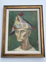 MID CENTURY PAINTING JESTER CLOWN LISTED SAMUEL CLAYBERGER MODERNISM 1950’S OIL