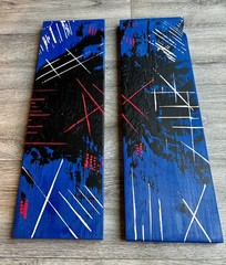 abstract painting, abstract art, red, blue, black, white, scrap wood, acrylic