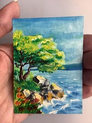 ACEO Original Painting Impressionist Landscape Tree Lake Rocks Textured OOAK