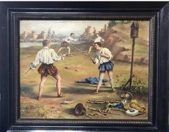 „Duel Of Fencers“Josephine Vernay Original Signed Oil Painting On Panel.
