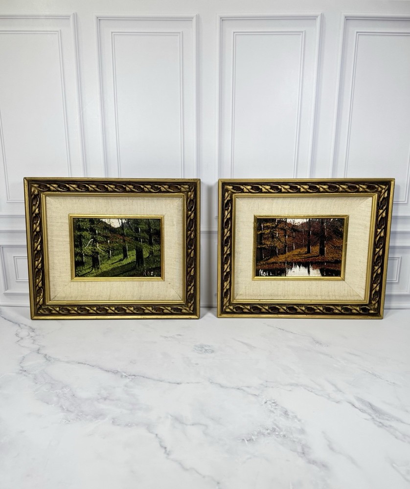 VTG Pair Signed Noel Oil Paintings on Board Forest Landscapes Gold Frames Ornate