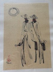 TWO VIETNAMESE Ladies Shopping Ink & Watercolor Signed Thai Framed