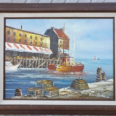 Fishing Boats Dock Harbor Oil Painting Framed Signed Brian Roche New England Vtg