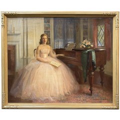 Marguerite Stuber Pearson Oil Painting Portrait, Lady in Pink by the Piano