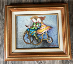 Joyce Roybal Signed Original Oil Painting Kids on bike w/Unicycle 8×10 + Frame