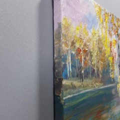 Autumn River Birch Trees Landscape Oil Painting Original Wall Art Canvas 8×8 in.