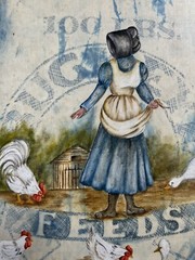 Women Feeding Ducks, Acrylic Painting on Linen Sack