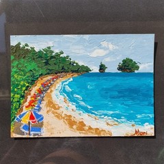 Beach Umbrellas Painting Seascape Ocean Shore Coastal Art Summer Wall Decor 6×8