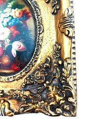 Floral Ornate Gold Frame Oval Wood Plaster Art of Flowers Wall Decor Print
