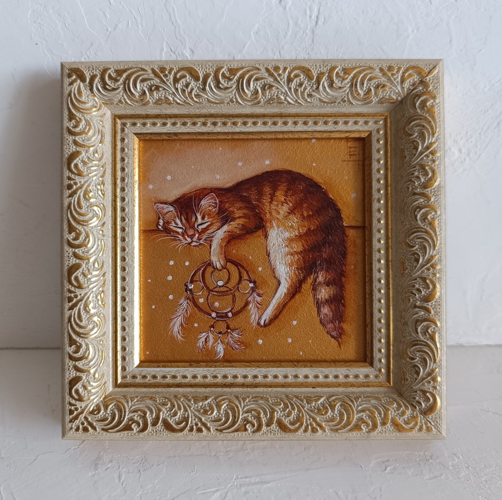 Sweet Sleeping Ginger Cat Framed Original Oil Painting 4×4 in
