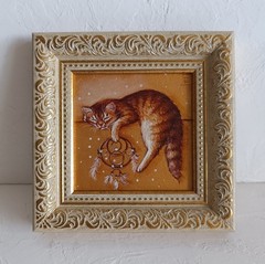 Sweet Sleeping Ginger Cat Framed Original Oil Painting 4×4 in
