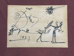 SALVADOR DALI drawing and painting on old paper signed stamped vintage