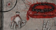 painting contemporary art modern figurative figure hand animal bird rooster coin
