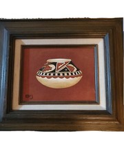 Erv Johnson Native American Hopi Acrylic on Suede Leather Painting Art Pot Vase