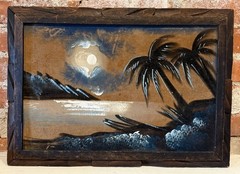 Vintage 80s Black Velvet Painting Beach Palm Trees Sunset Island Surf Art