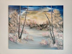 Early Morning Sunrise Landscape Original Oil Painting Autumn Trees Bushes